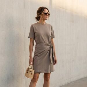 Vince Taupe Cotton Short Sleeve Side Tie Wrap T-Shirt Dress in Shale, size L
